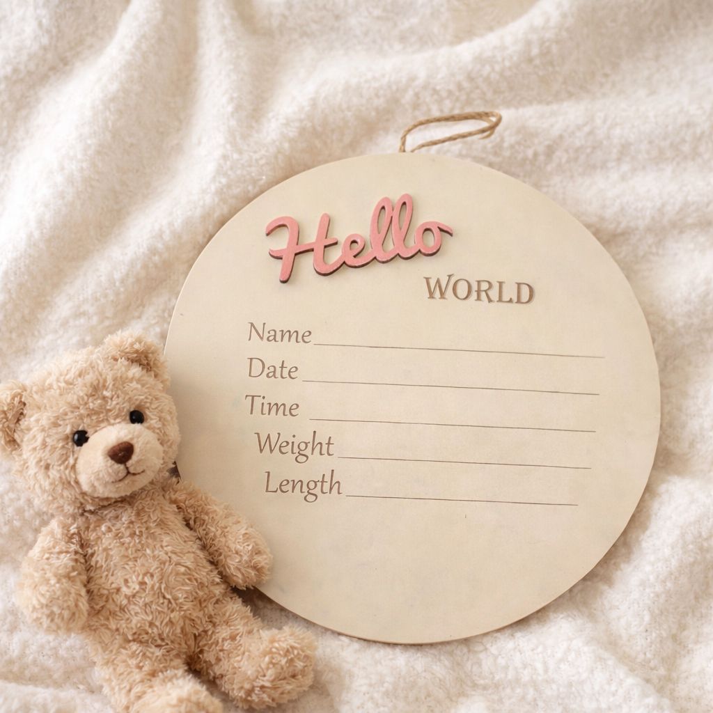 Hello World Baby Announcement Board – Wooden Newborn Keepsake Sign