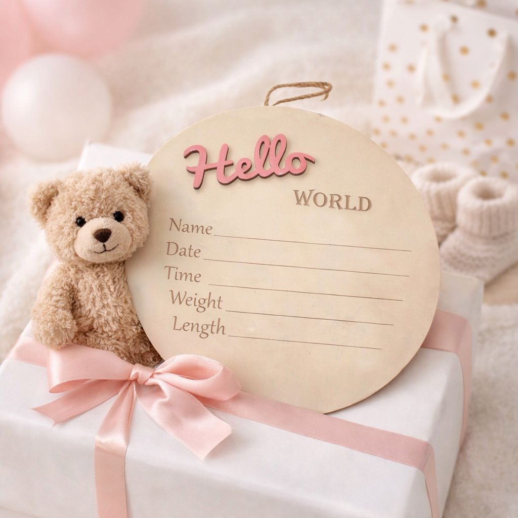 Hello World Baby Announcement Board – Wooden Newborn Keepsake Sign
