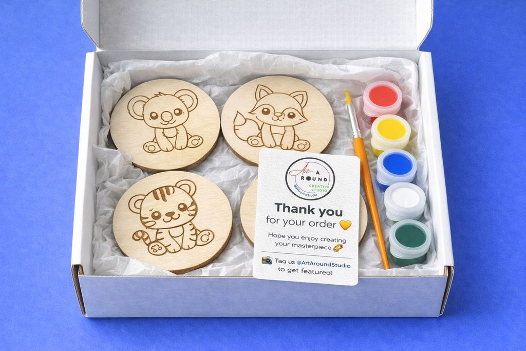 DIY Animal Coaster Painting Kit – Set of 4 Wooden Coasters for Kids & Adults