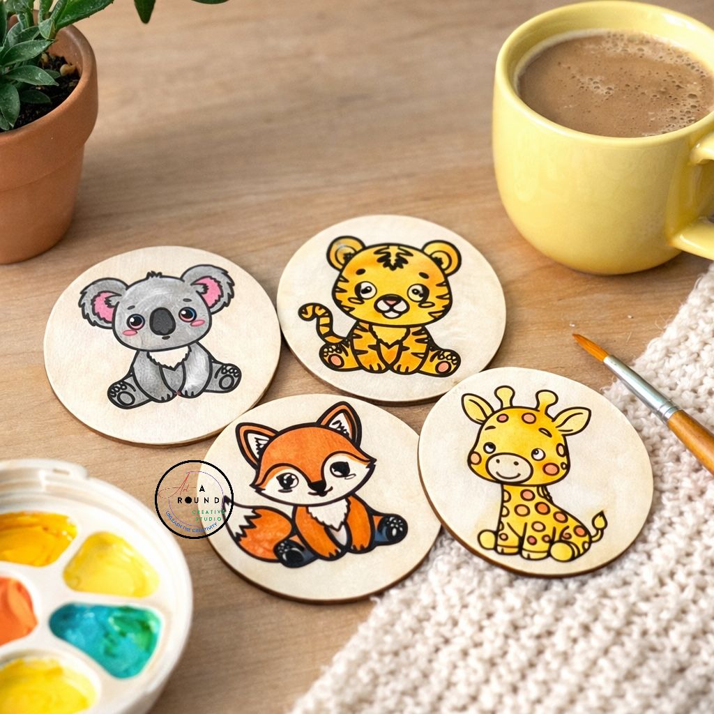 DIY Animal Coaster Painting Kit – Set of 4 Wooden Coasters for Kids & Adults