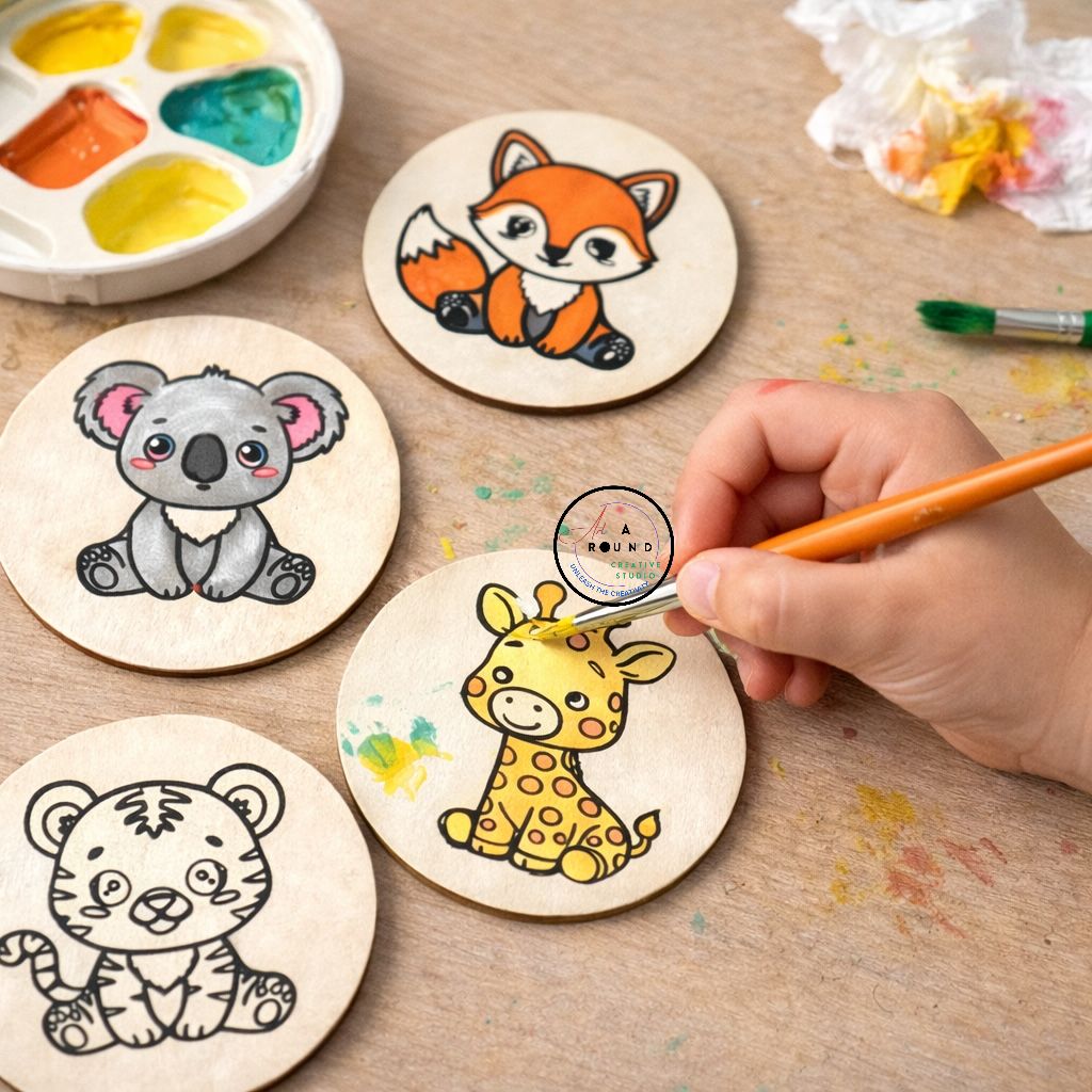 DIY Animal Coaster Painting Kit – Set of 4 Wooden Coasters for Kids & Adults