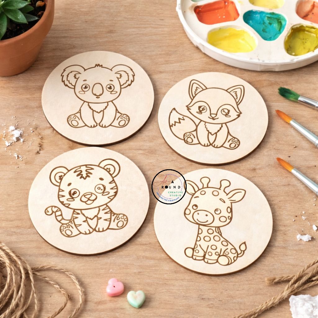 DIY Animal Coaster Painting Kit – Set of 4 Wooden Coasters for Kids & Adults