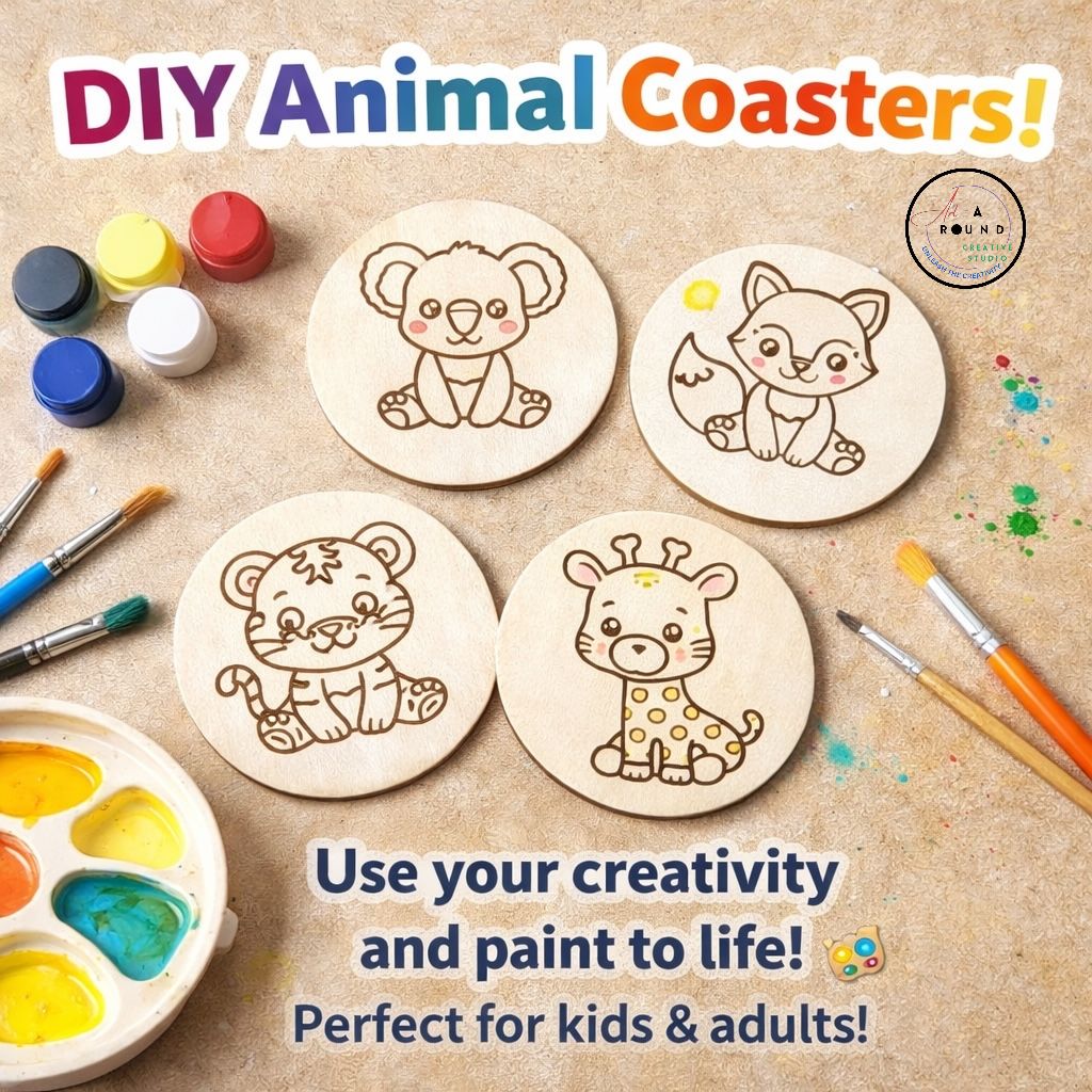 DIY Animal Coaster Painting Kit – Set of 4 Wooden Coasters for Kids & Adults