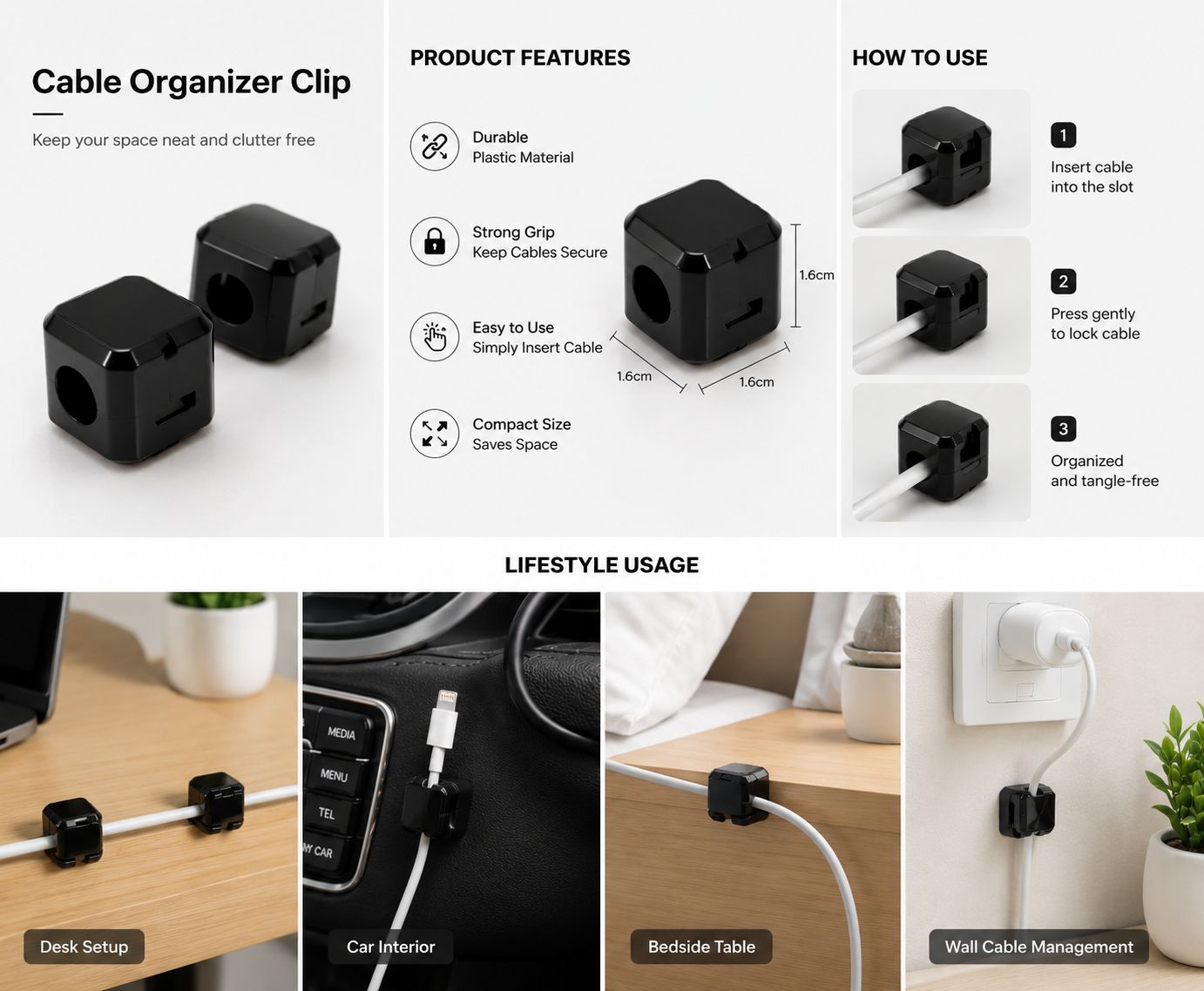 Self-Adhesive Cable Organizer Clips – (Pack of 4)