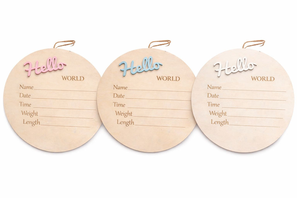 Hello World Baby Announcement Board – Wooden Newborn Keepsake Sign